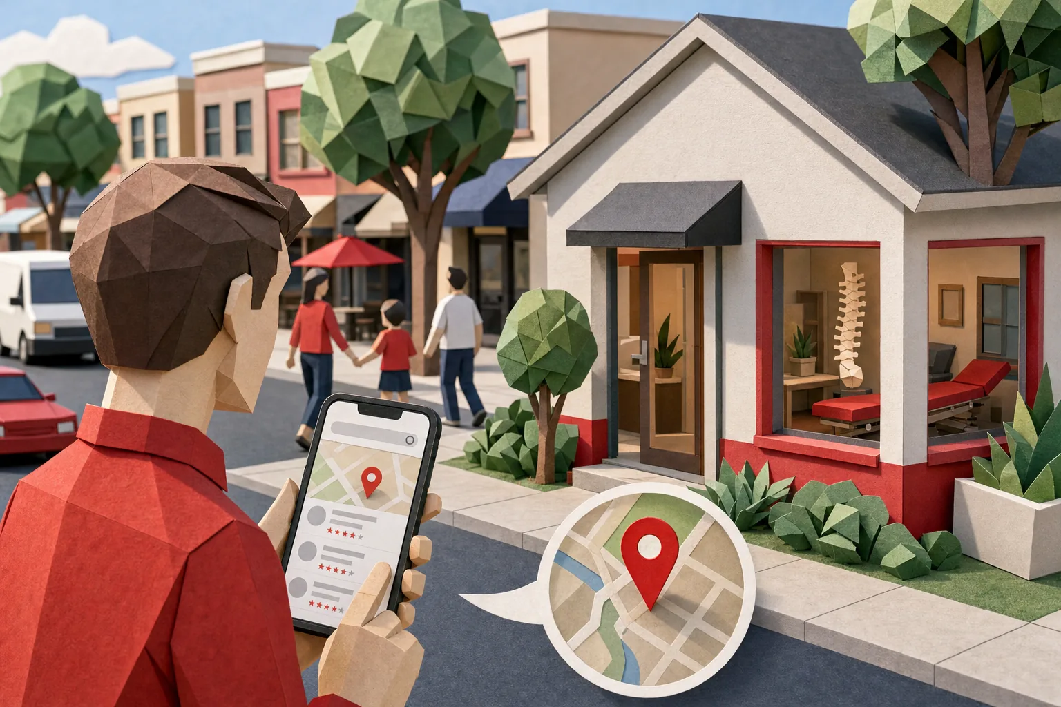 Papercraft illustration of a chiropractic clinic improving local visibility in nearby search results.