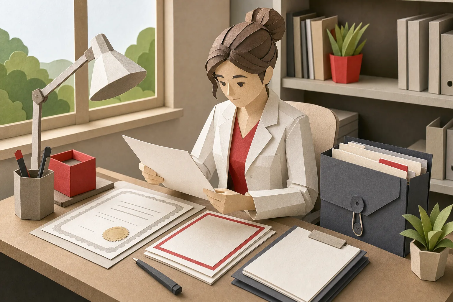 Papercraft illustration of private practice licensing, legal documents, and insurance planning.