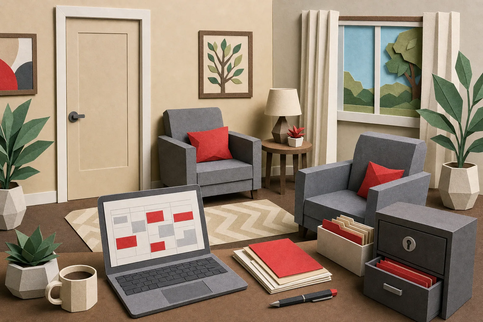 Papercraft therapy office setup with private client workflows and secure practice systems.