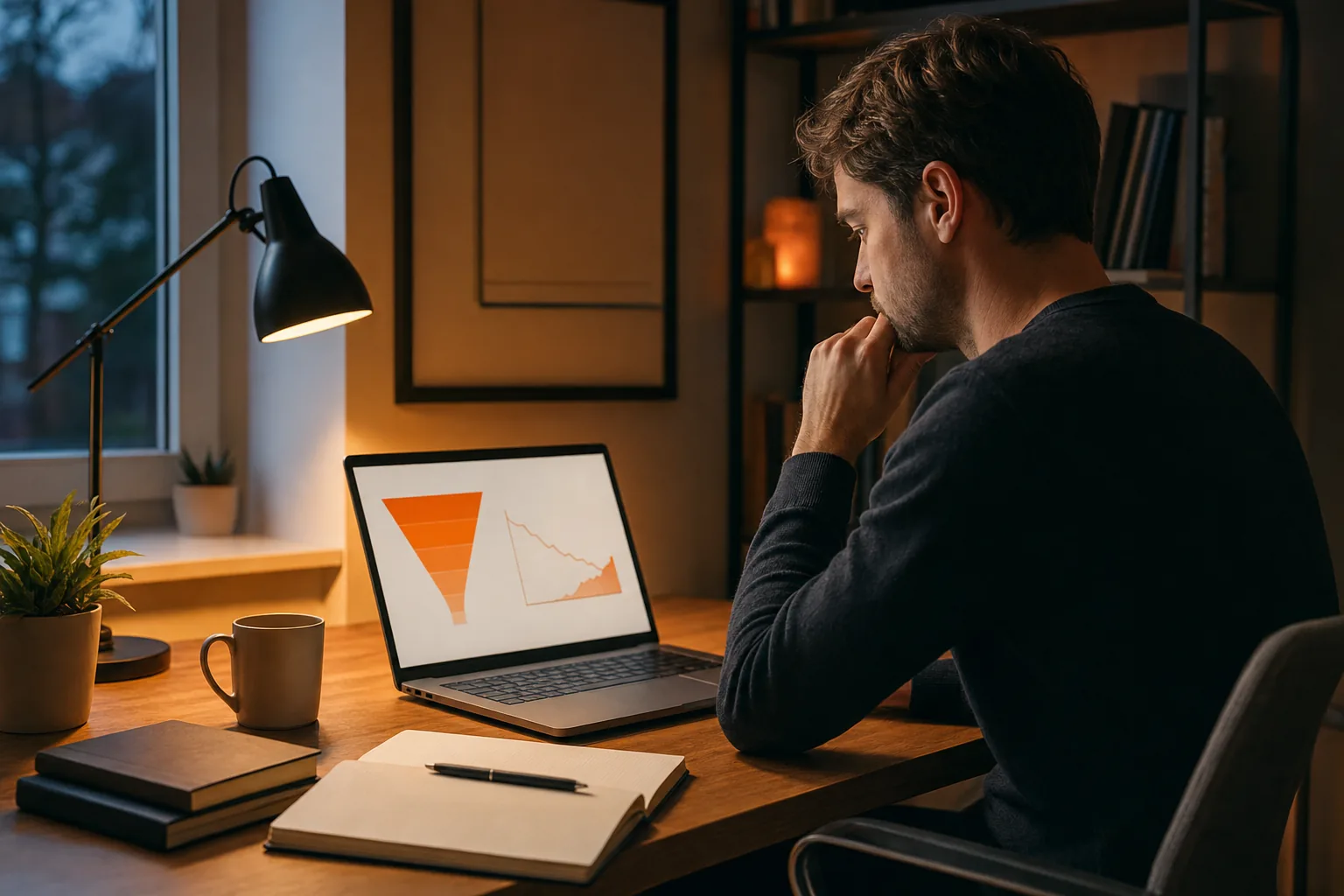 SaaS founder reviewing marketing funnel results and customer retention.