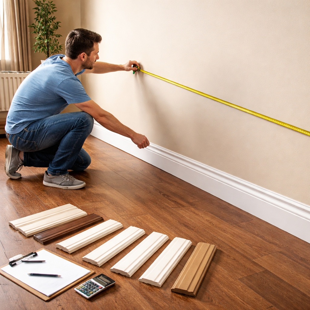 “Measuring baseboard length for cost estimate”.