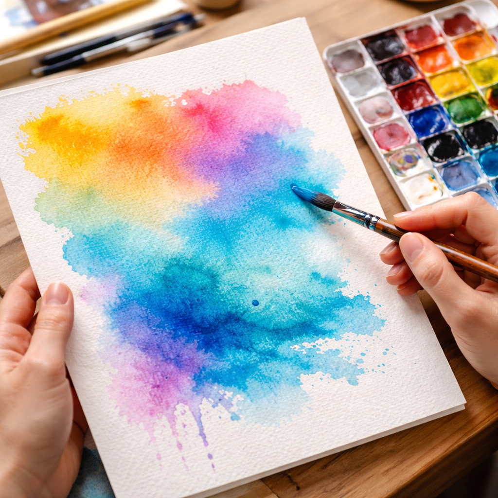 A realistic close‑up of a watercolor artist’s hand holding a palette and a 140 lb cold‑pressed sheet, showing the textur