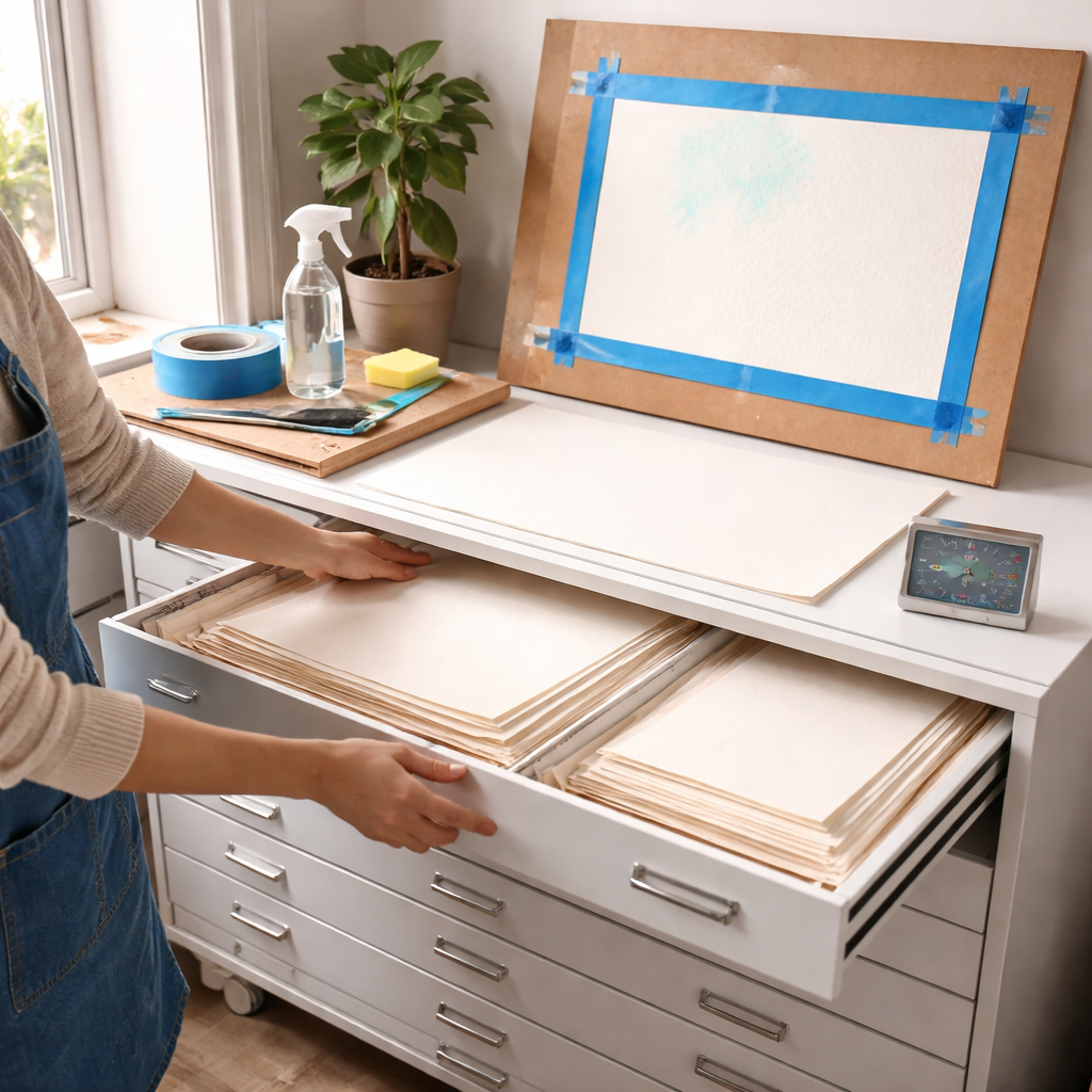 A realistic studio scene showing a watercolor artist organizing paper stacks in a flat cabinet, with humidity meter, blu