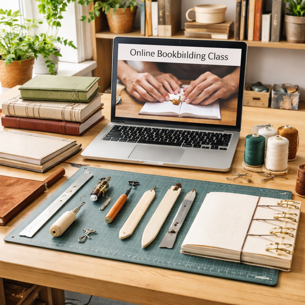 Home bookbinding workspace with online class setup and essential tools