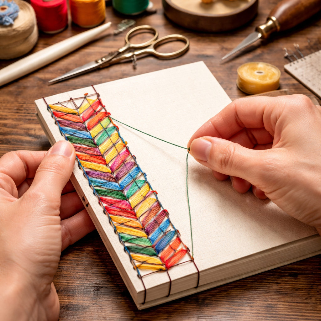 Japanese stab binding technique demonstration showing decorative stitching pattern