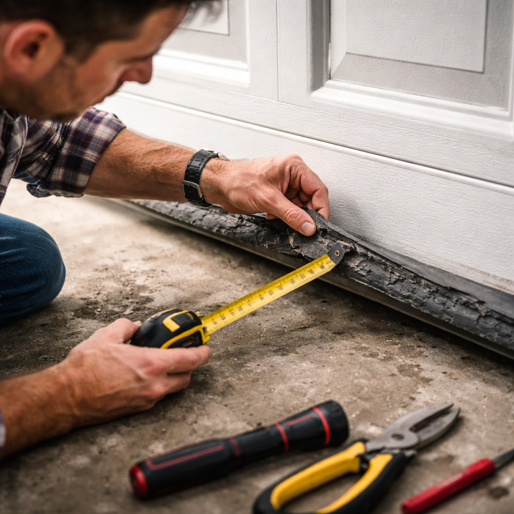 garage door bottom seal inspection, DIY tools, close-up.