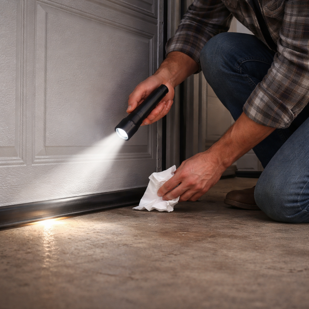 testing garage door seal for drafts and light.