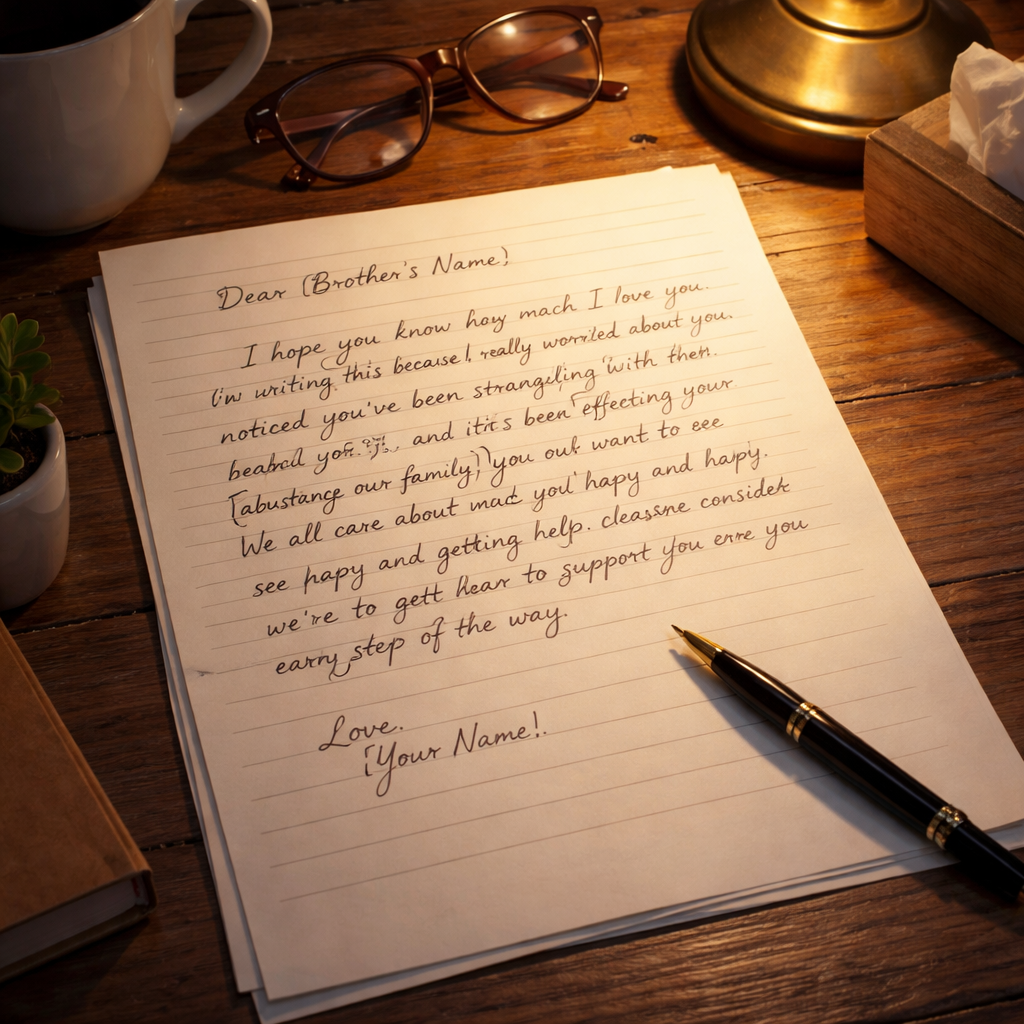 A realistic illustration of a handwritten letter on a wooden table, with a soft lamp light highlighting the words, alt: 