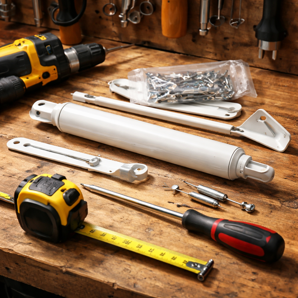 storm door closer tools and parts on a workbench