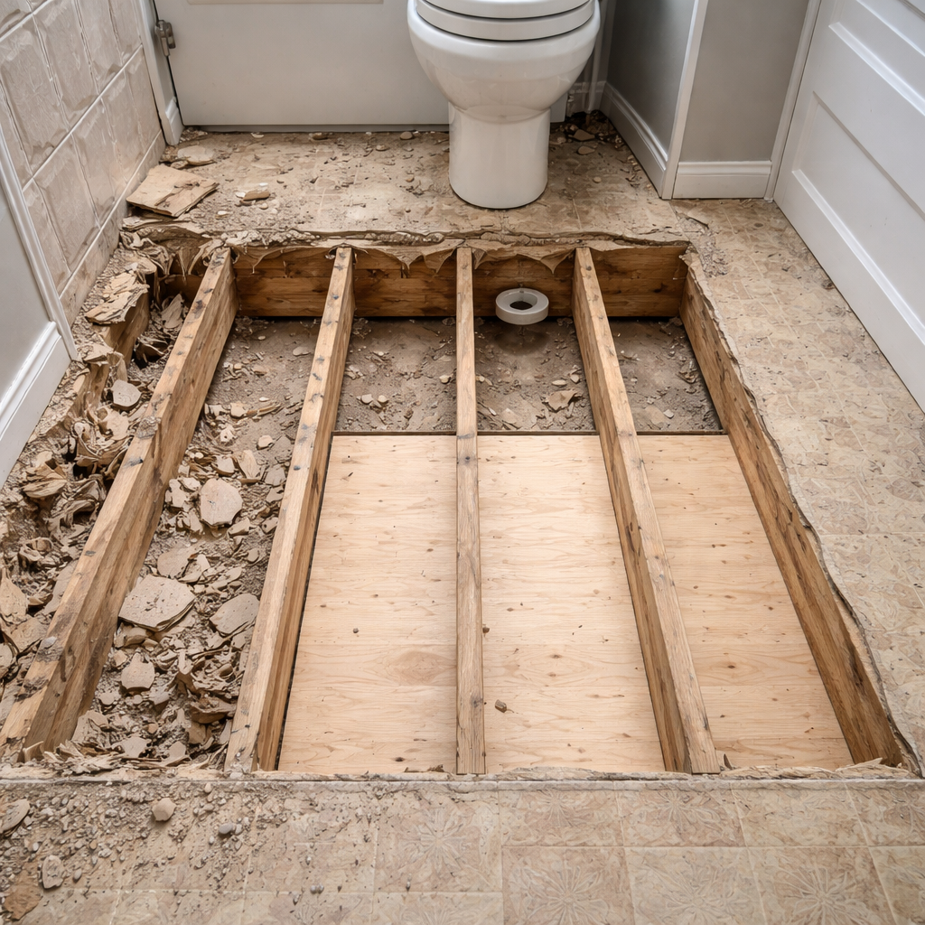 bathroom subfloor removal process, clear view of joists and debris.