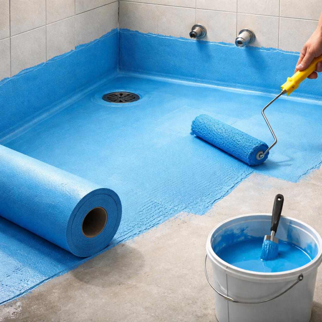 bathroom waterproofing membrane application, close‑up of roll‑on process.