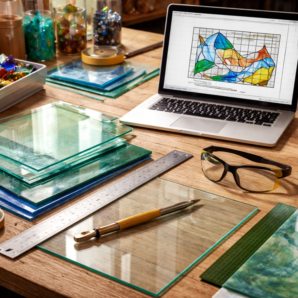 glass fusing beginner workspace with tools and design plan