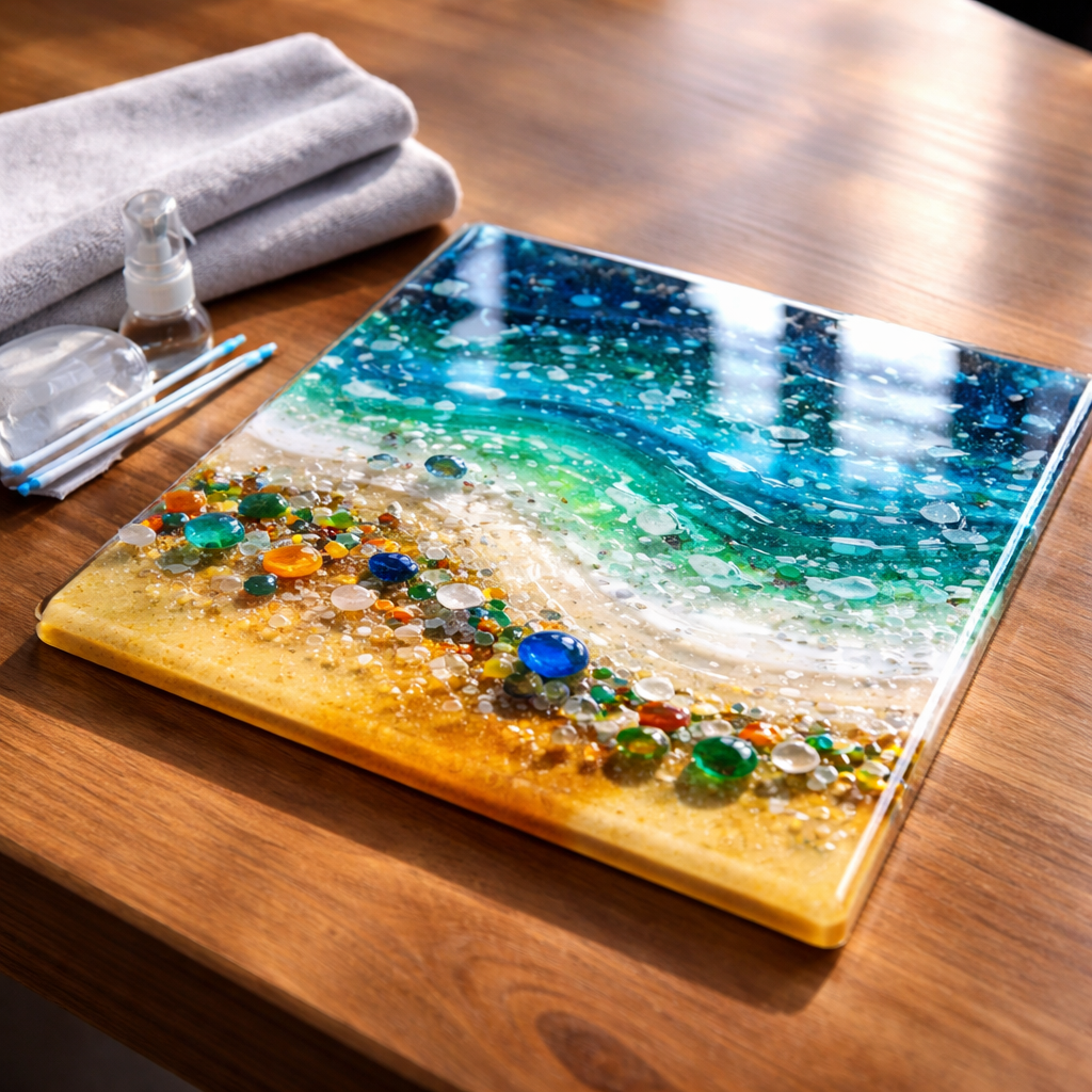 finished glass fusing artwork with polished surface and care tools