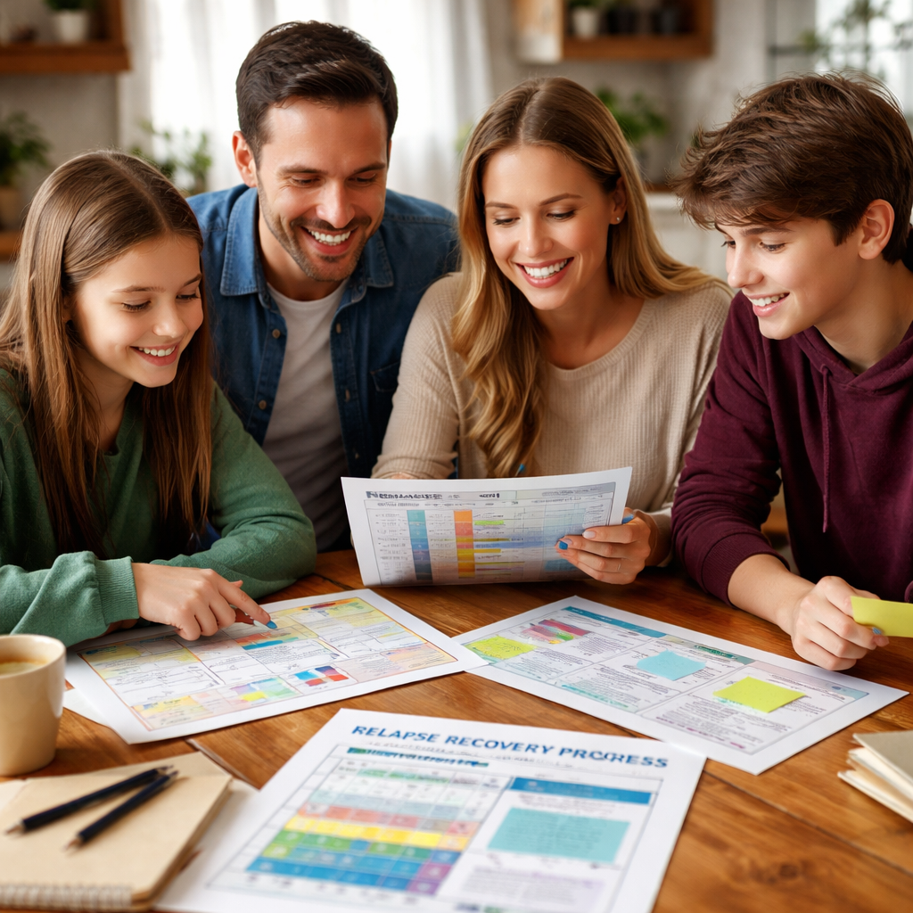 Family reviewing drug intervention relapse recovery progress together