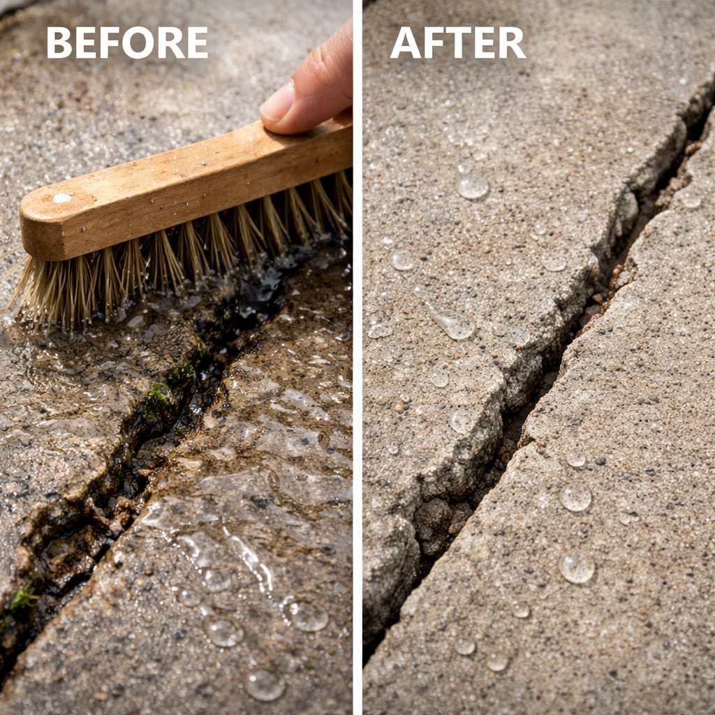cleaning a concrete driveway crack before repair