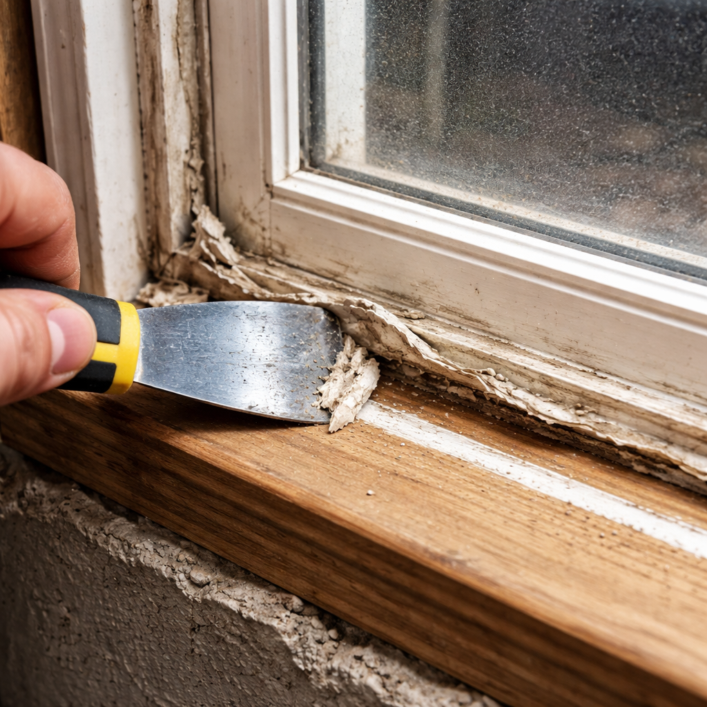 removing old caulk from basement window frame.