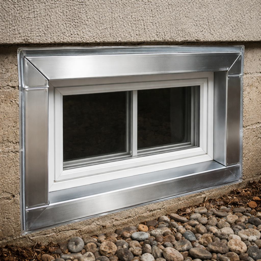 installing flashing on a basement window.