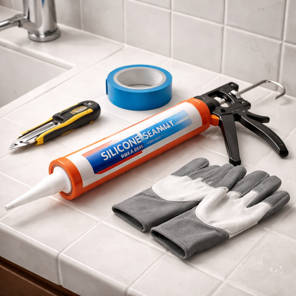 bathroom caulking tools laid out for a recaulk project