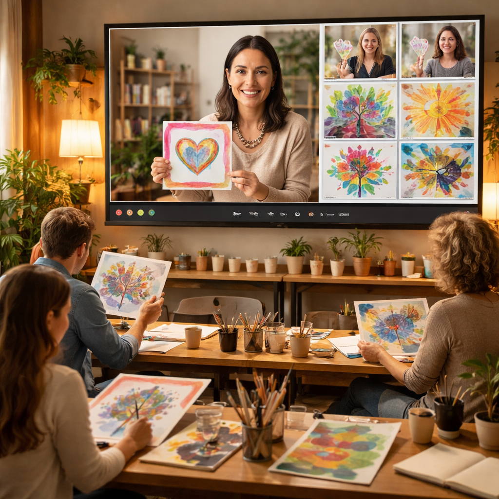 A realistic classroom scene where a therapist leads a live video art therapy session, participants’ artwork displayed on