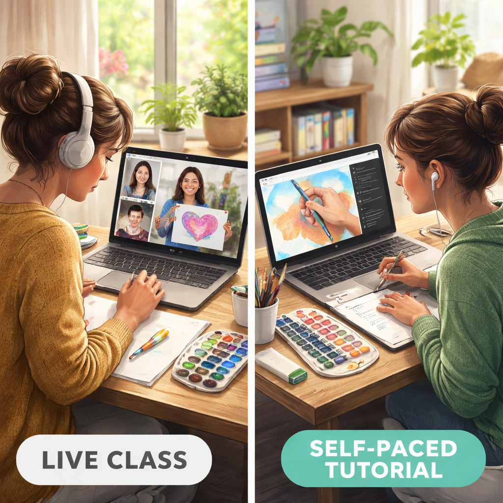 A realistic split‑screen illustration showing a student attending a live video art therapy class on one side and watchin