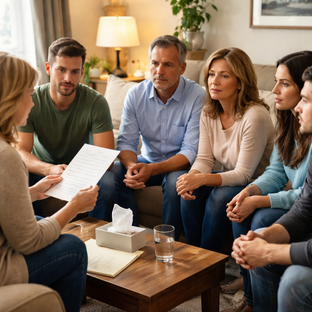 Family intervention meeting with prepared messages and boundaries being discussed