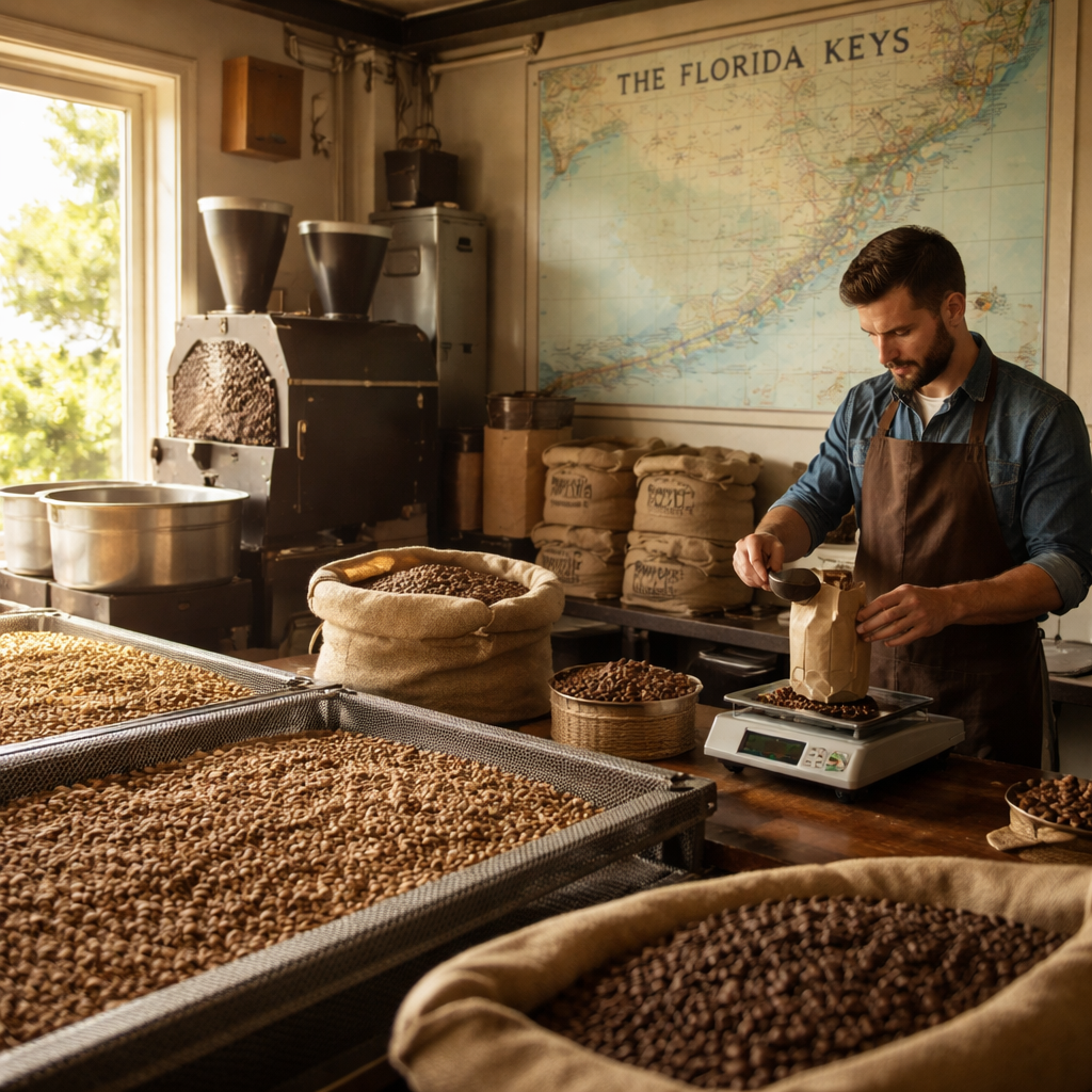 A realistic scene of a small, sun‑lit coffee roastery with beans drying on a screen, a barista weighing beans, and a map