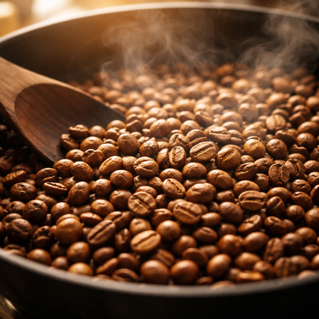 A realistic close‑up of coffee beans turning golden brown in a pan, with soft sunlight spilling over the skillet, alt=