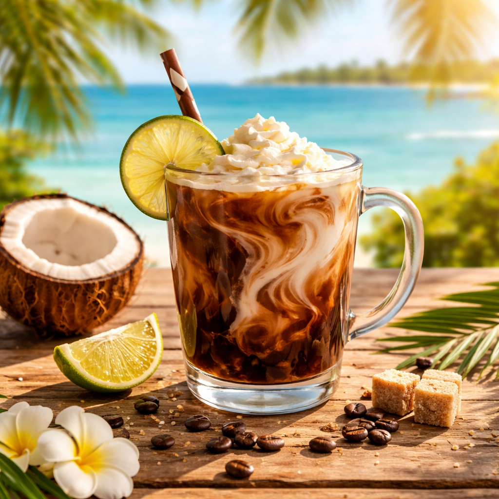 A realistic scene of a tropical coffee cup on a wooden table, with a lime slice, coconut milk swirl, and a sunny backgro