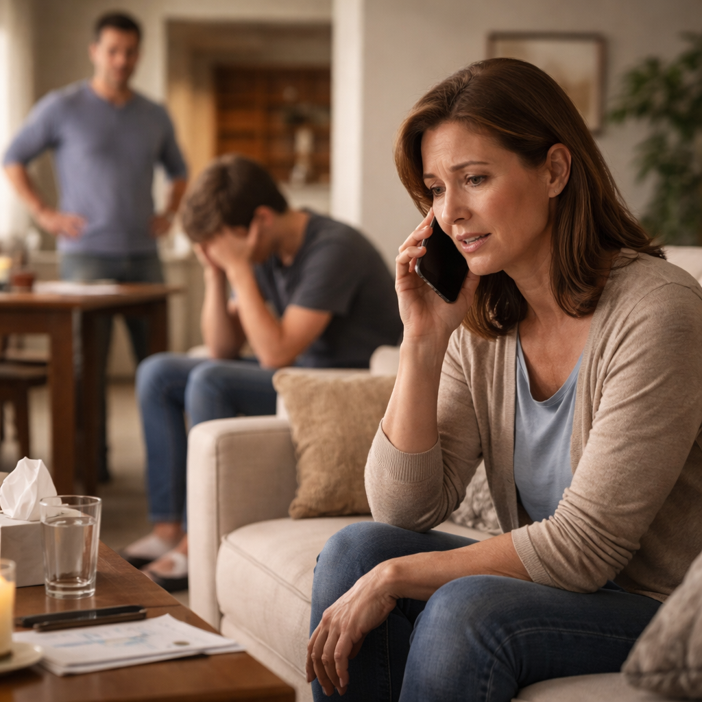 family crisis intervention conversation in a living room, supportive atmosphere.