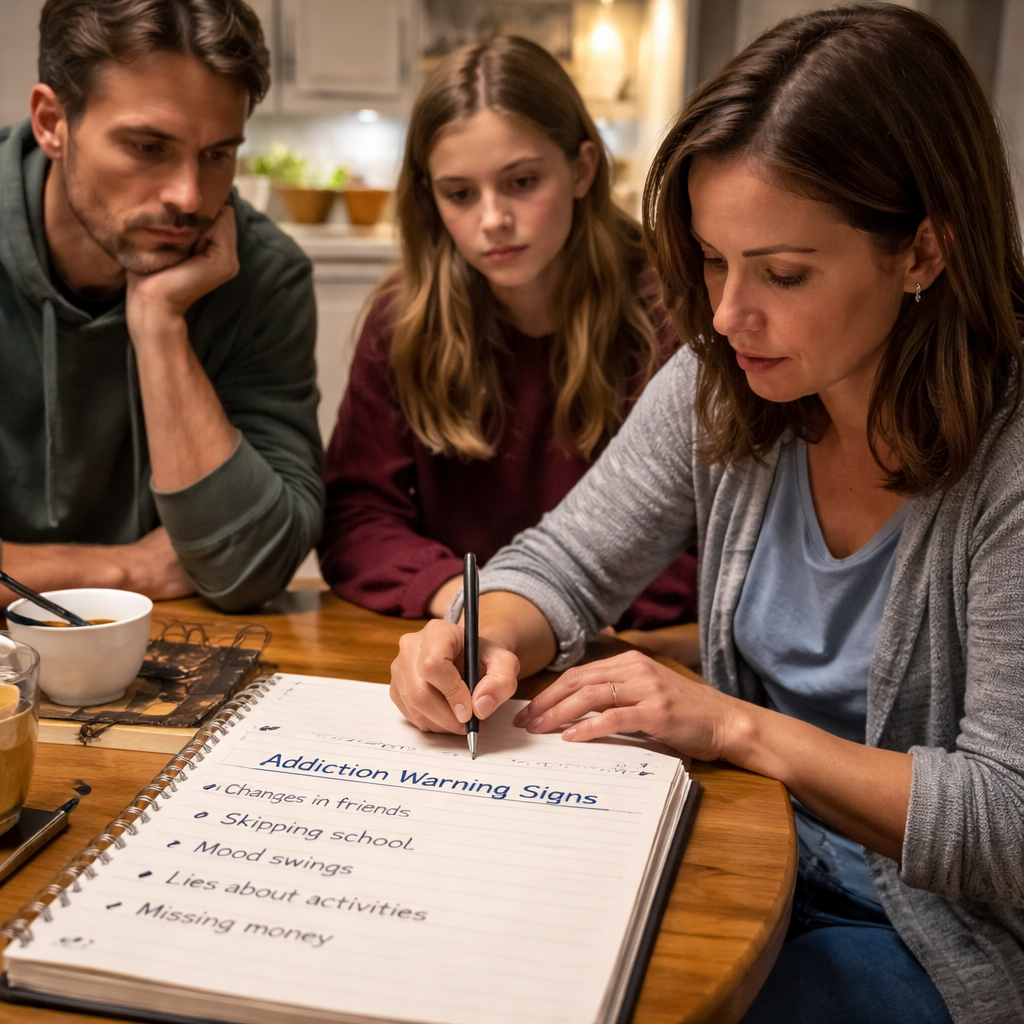 family noting addiction warning signs in a notebook