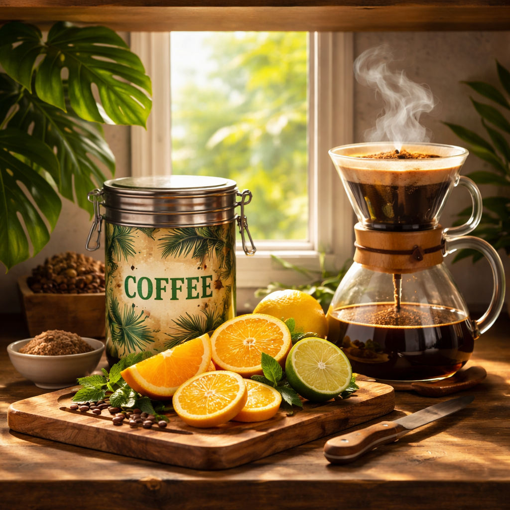 tropical coffee storage and pairing scene in realism style.
