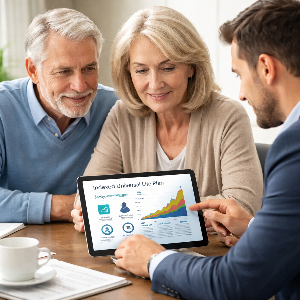 senior couple reviewing indexed universal life policy with living benefits