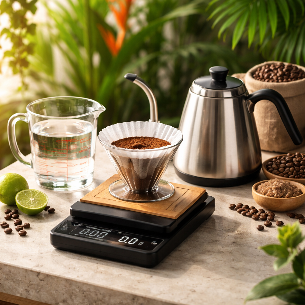 A realistic kitchen scene showing a digital scale, a gooseneck kettle, and a measuring cup of water, alt: precise coffee