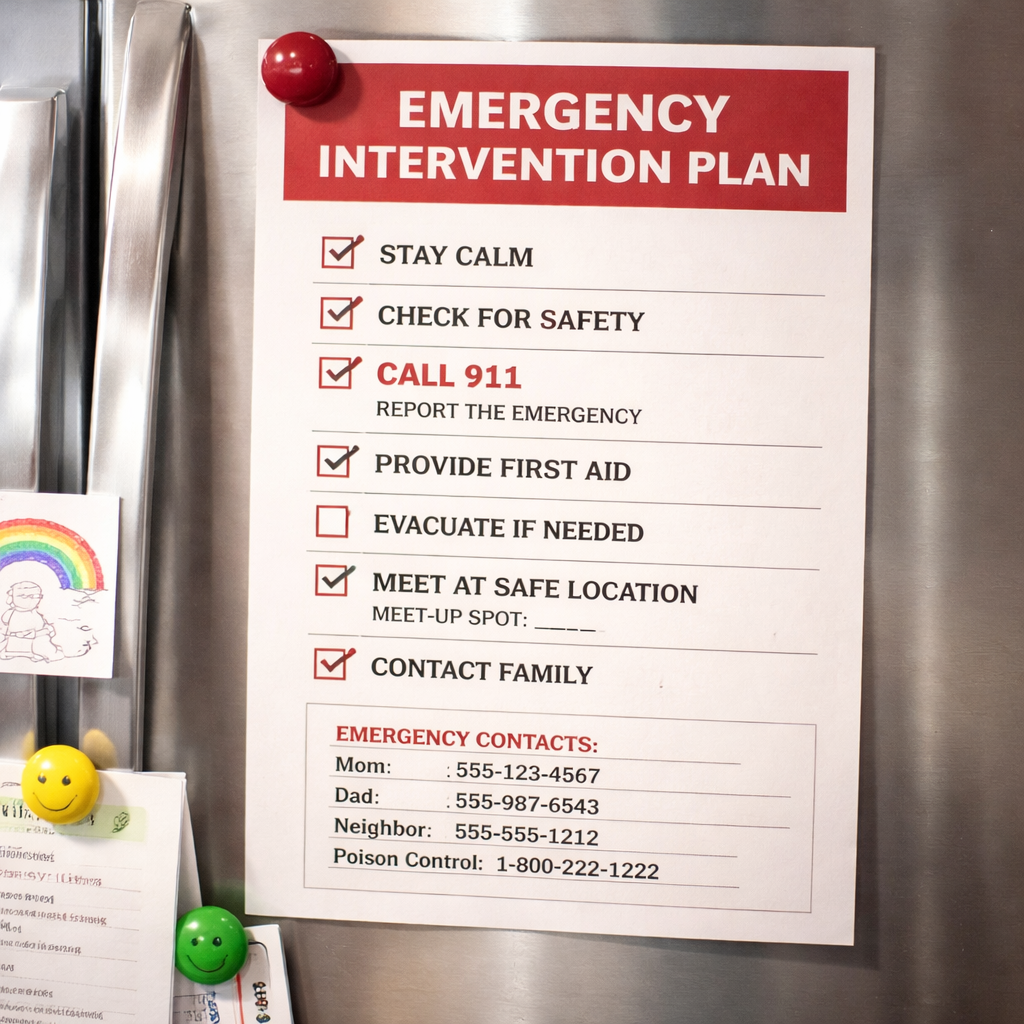 emergency family intervention plan checklist on fridge