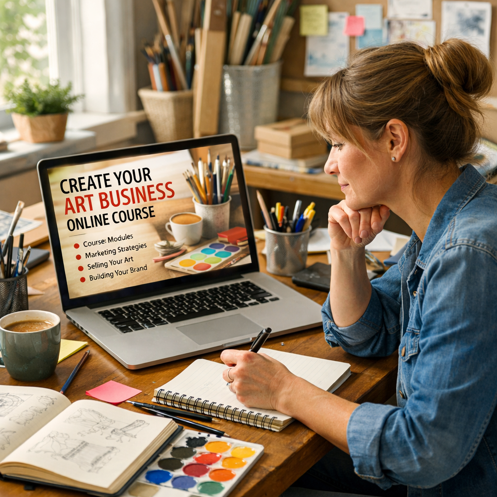 A realistic studio scene showing an artist at a desk with a laptop, sketchbooks, and art supplies, bright natural light,