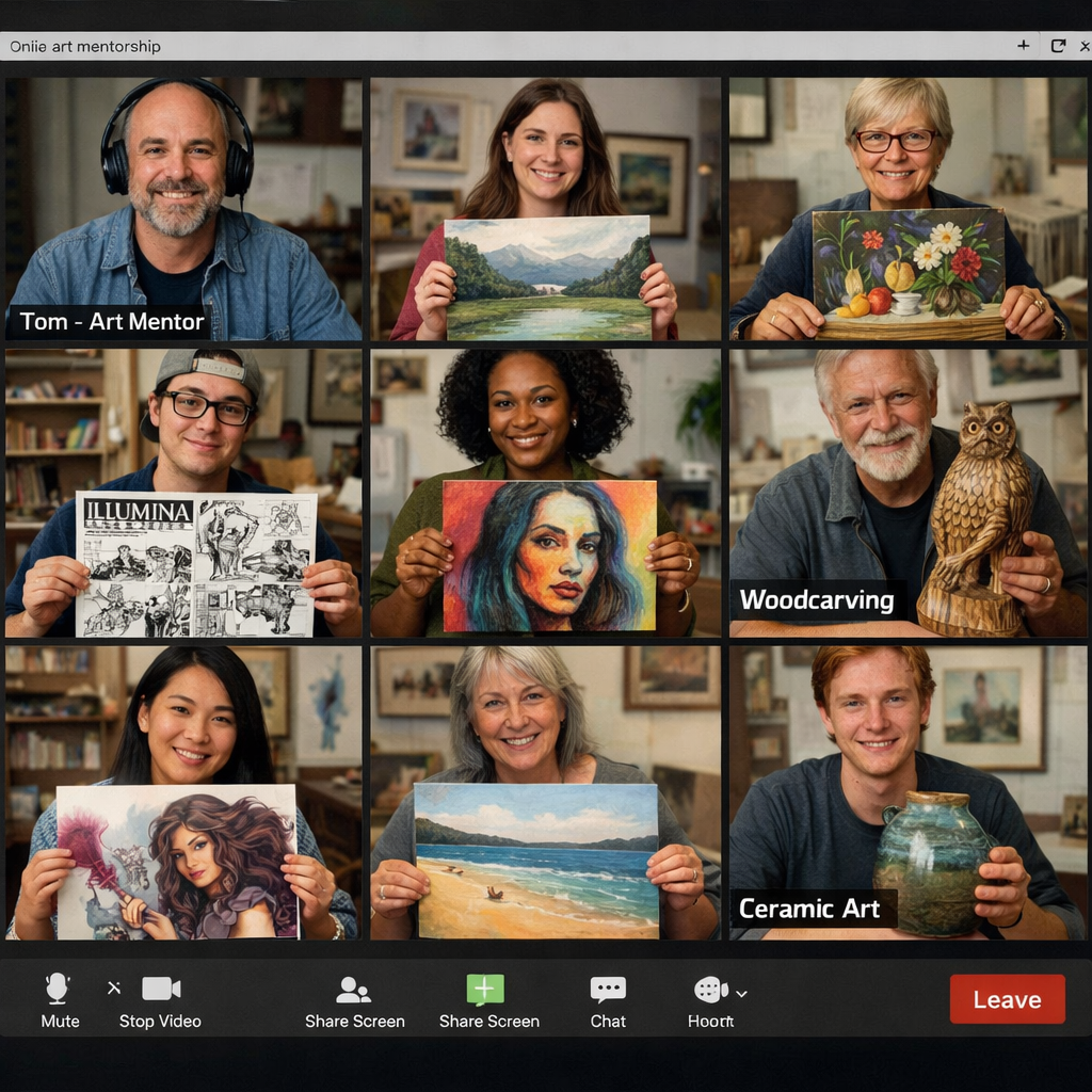 A realistic online community screenshot showing a video call with artists sharing their work, alt: art business mentorsh