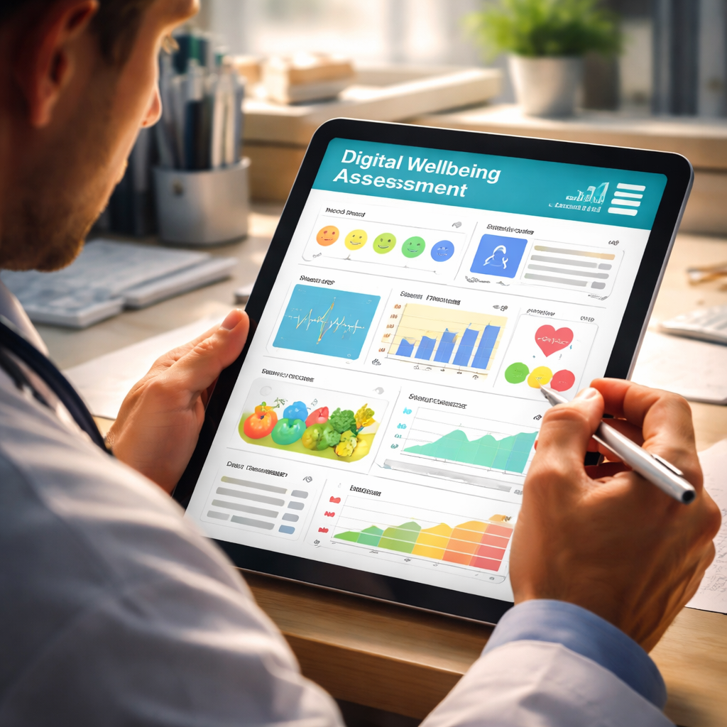 A cinematic style illustration of a clinician filling out a digital wellbeing questionnaire on a tablet, showing colorfu