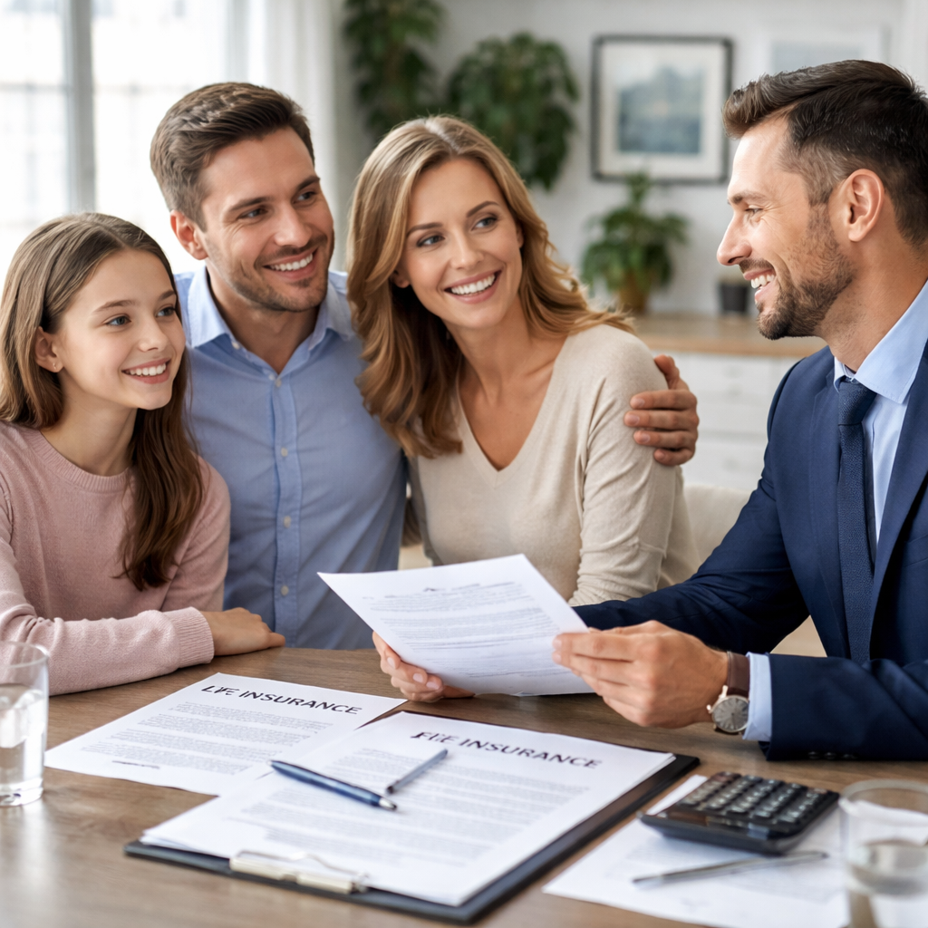 Family meeting with insurance agent about accelerated death benefit riders for life insurance policy protection.