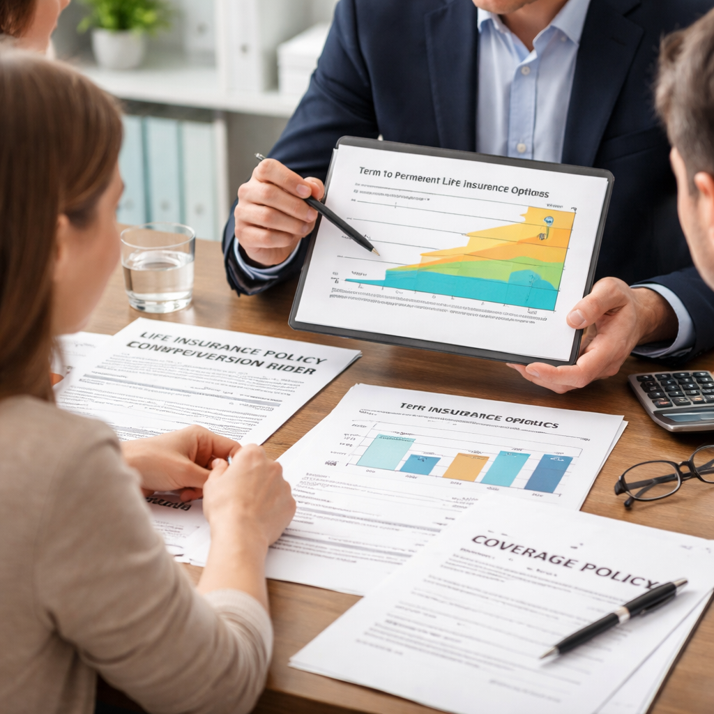 Insurance policy conversion consultation showing term to permanent life insurance rider options and coverage flexibility.