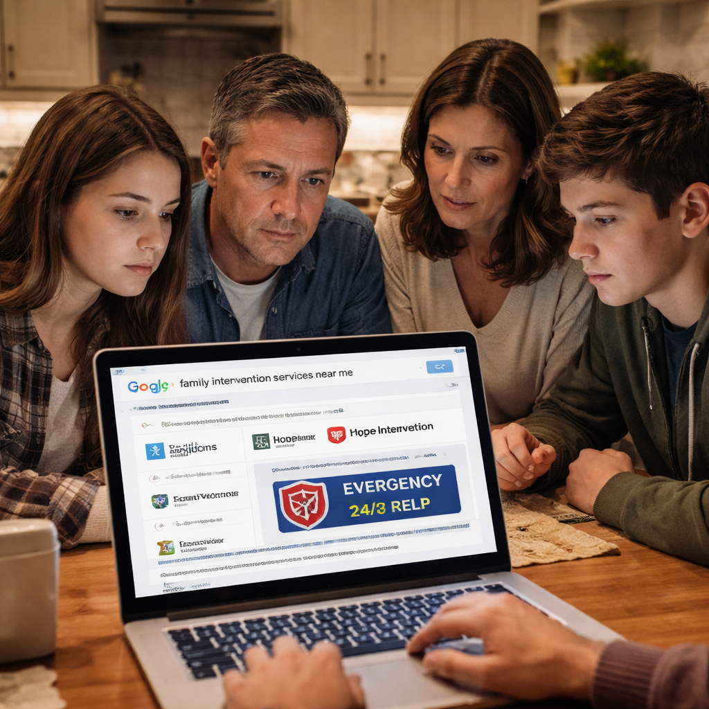 family searching for local intervention services on a computer.