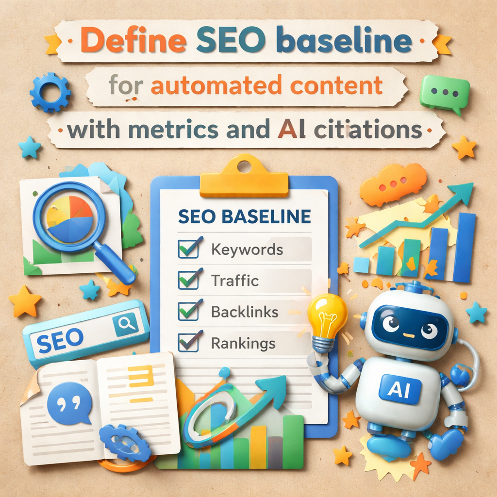 "Define SEO baseline for automated content with metrics and AI citations"
