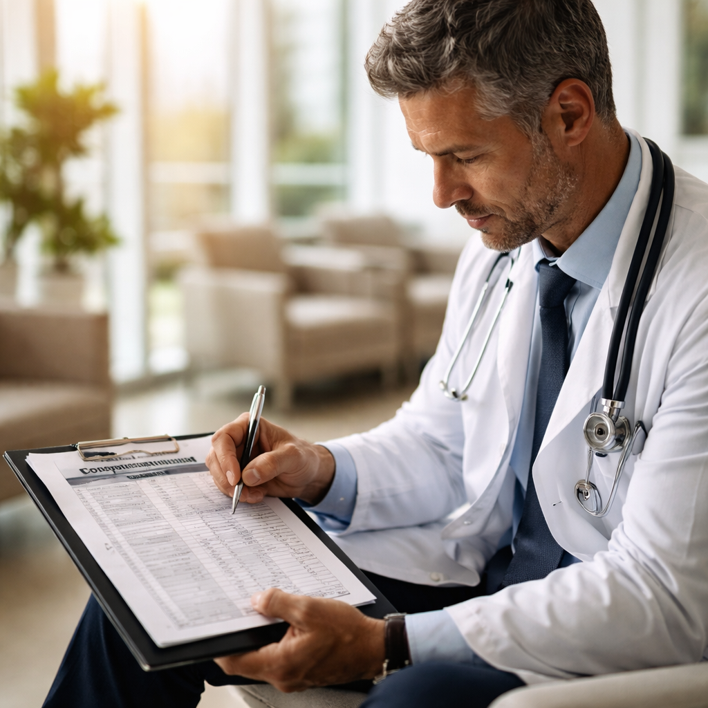 A cinematic style image of a doctor filling out a paper questionnaire in a bright hospital lounge, alt text: physician b