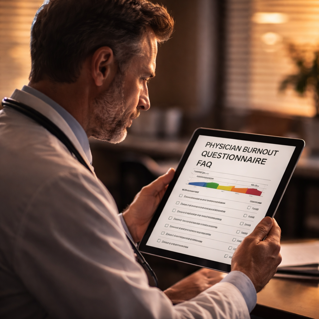 A cinematic style image of a doctor reviewing survey results on a tablet, alt text: physician burnout questionnaire FAQ 