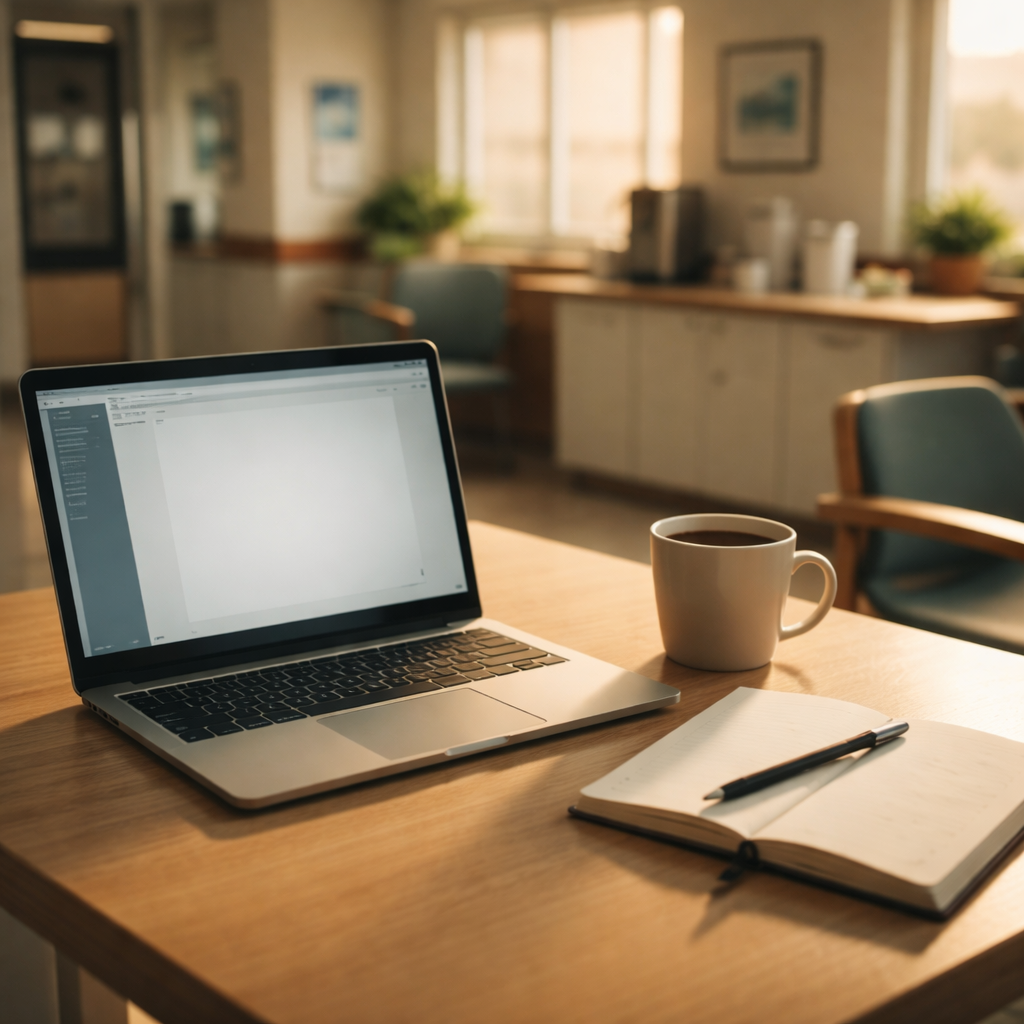 A calm, well‑lit hospital break room with a laptop open on a table, a cup of tea, and a notebook, cinematic style, alt="