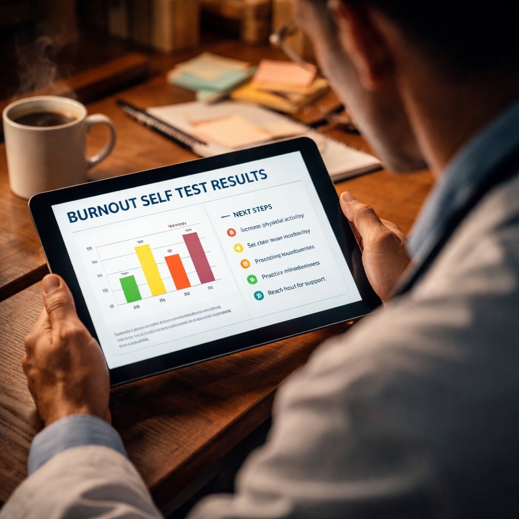 A clinician reviewing a colorful chart on a tablet, with bullet points and a coffee mug, cinematic style, alt=