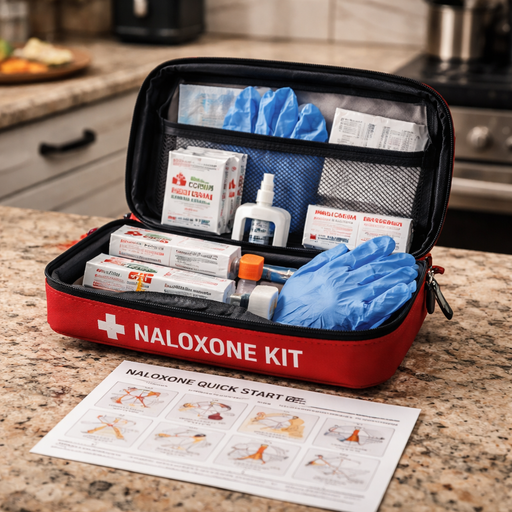 naloxone kit contents laid out for easy reference