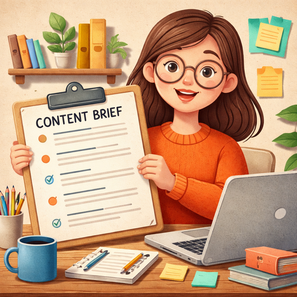 A papercraft style illustration</a> of a writer holding a detailed brief, with bullet points and a laptop, alt=\"blog wr