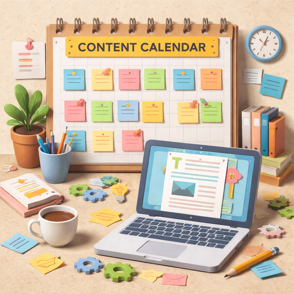 A papercraft style image of a content calendar with colorful sticky notes and a laptop, alt=