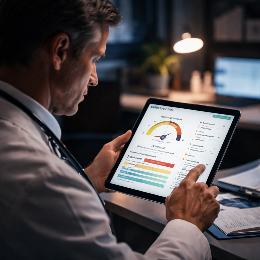 Cinematic view of a clinician reviewing a dashboard on a tablet, alt: clinician interpreting burnout risk assessment res