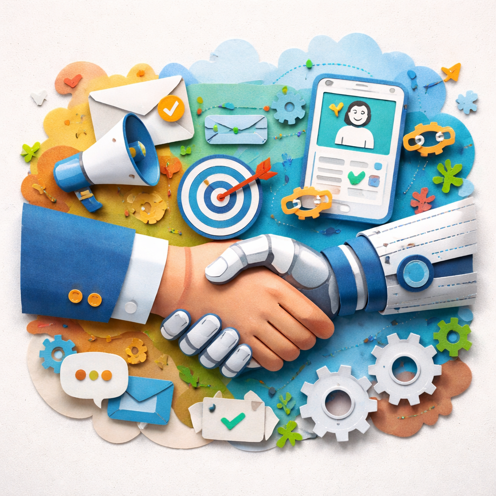 A papercraft illustration of a hand‑shaking with a robot, symbolizing human outreach mixed with AI tools, alt: backlink 
